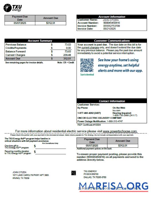 Printable USA TXU Energy utility bill template in Word and PDF formats, version 7